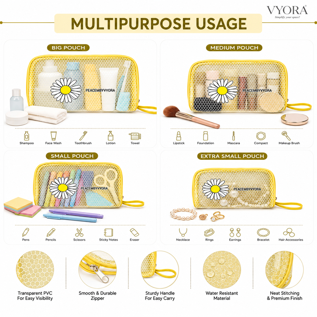 VYORA 4 Set Cosmetic Pouch for Women | Makeup Pouches | Travel Toiletry Organizer