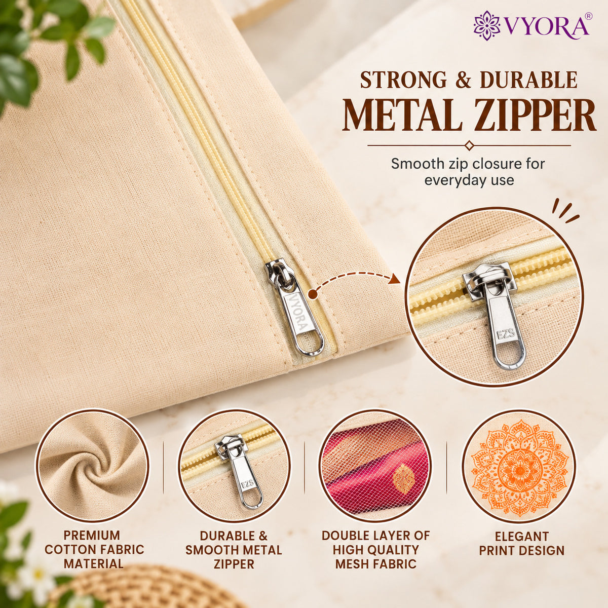 VYORA Premium Cotton Saree Covers for Storage with Zip | Cloth Organizer Bags