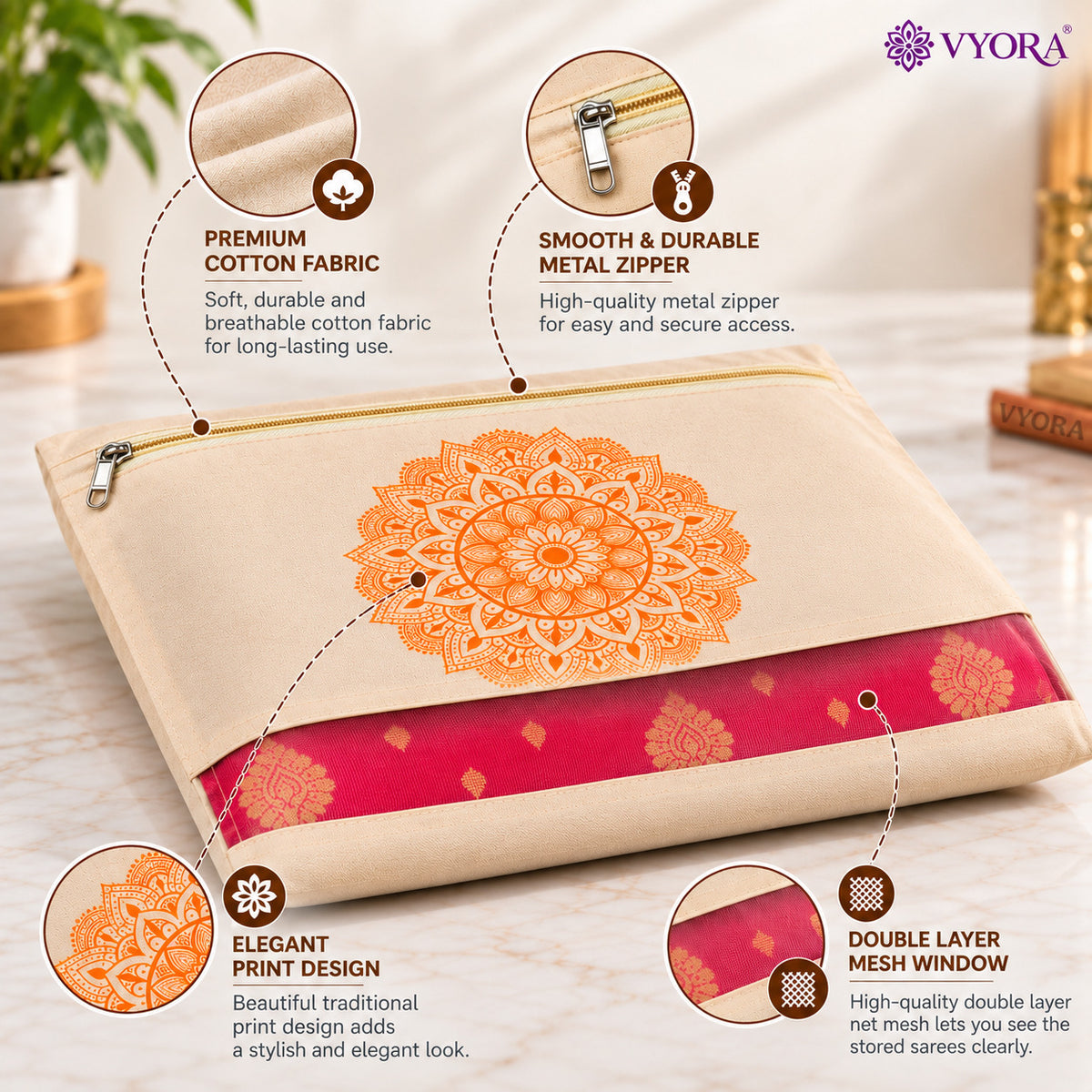 VYORA Premium Cotton Saree Covers for Storage with Zip | Cloth Organizer Bags
