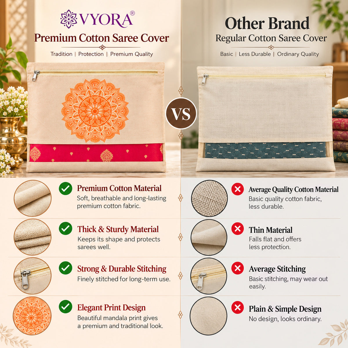 VYORA Premium Cotton Saree Covers for Storage with Zip | Cloth Organizer Bags