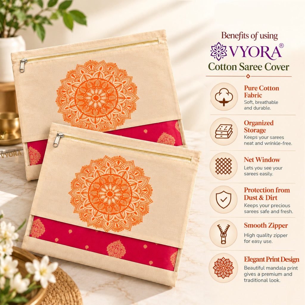 VYORA Premium Cotton Saree Covers for Storage with Zip | Cloth Organizer Bags