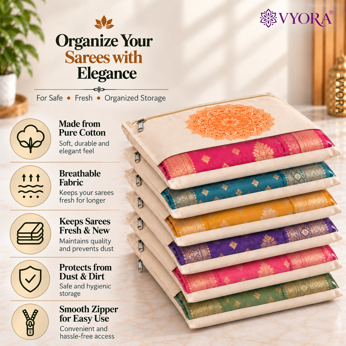 VYORA Premium Cotton Saree Covers for Storage with Zip | Cloth Organizer Bags