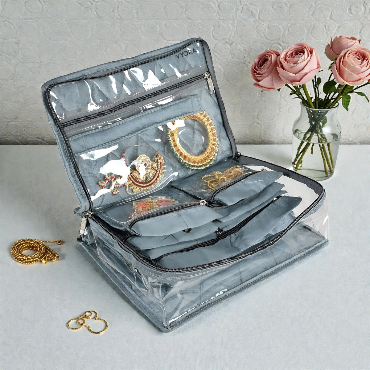 VYORA Multipurpose Jewellery Organizer Pouch | 13 Attached Transparent Pouches