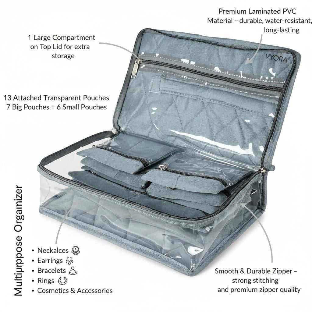 VYORA Multipurpose Jewellery Organizer Pouch | 13 Attached Transparent Pouches